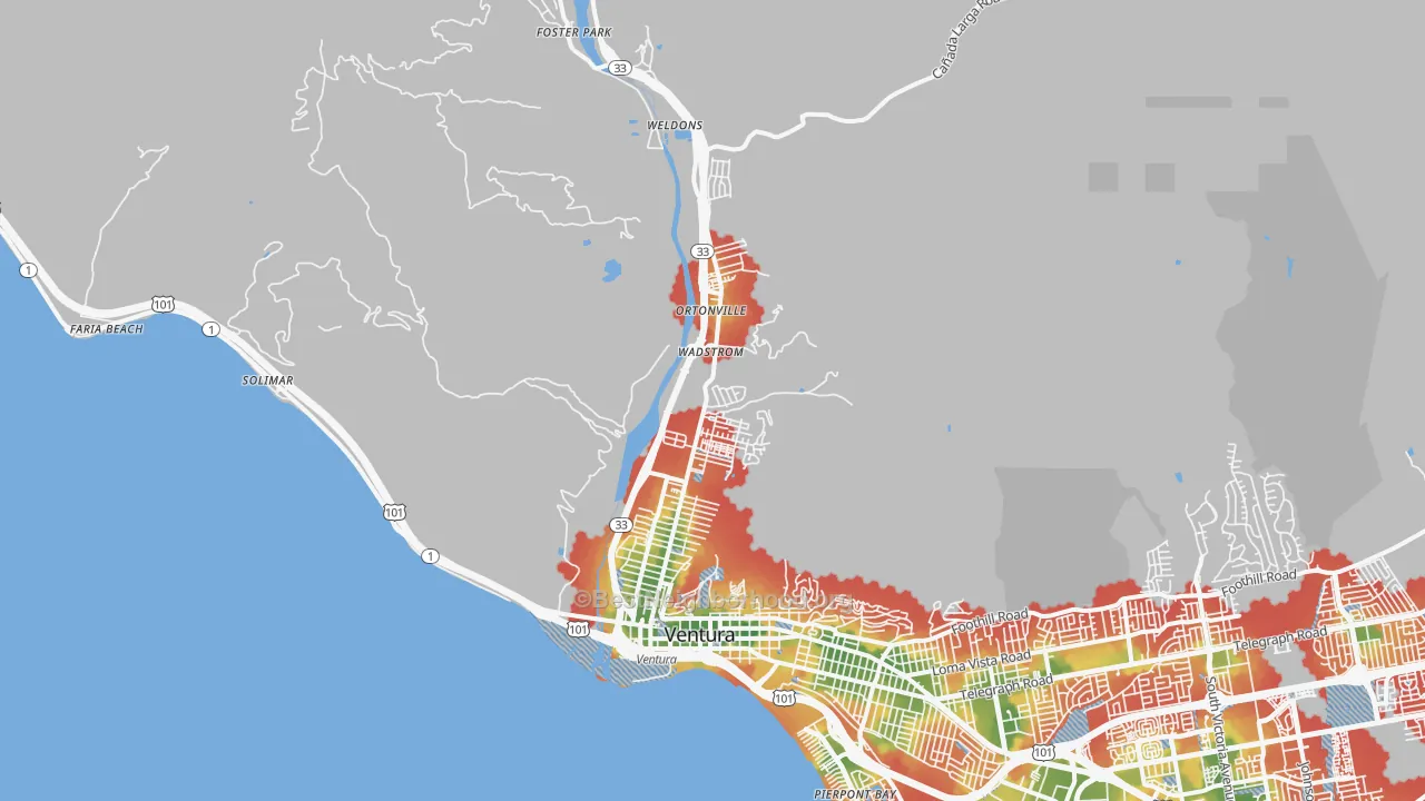 Walk Grade map of San Buenaventura, CA, walkable areas in green and car-dependent areas in red