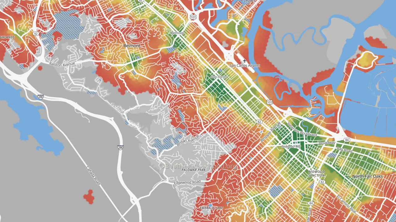 Walk Grade map of San Carlos, CA, walkable areas in green and car-dependent areas in red