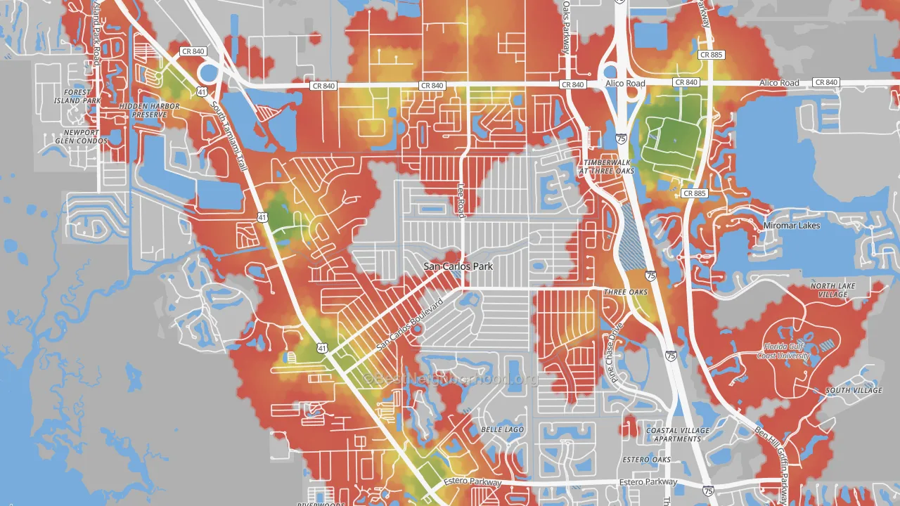 Walk Grade map of San Carlos Park, FL, walkable areas in green and car-dependent areas in red