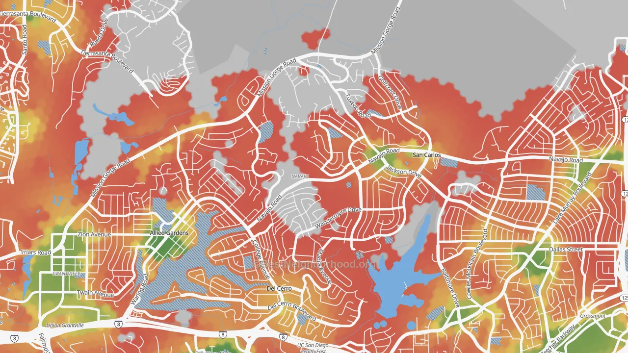 Walk Grade map of San Carlos, San Diego, CA, walkable areas in green and car-dependent areas in red