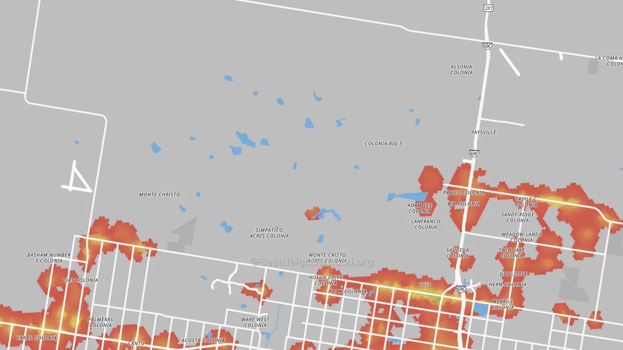 Walk Grade map of San Carlos, TX, walkable areas in green and car-dependent areas in red