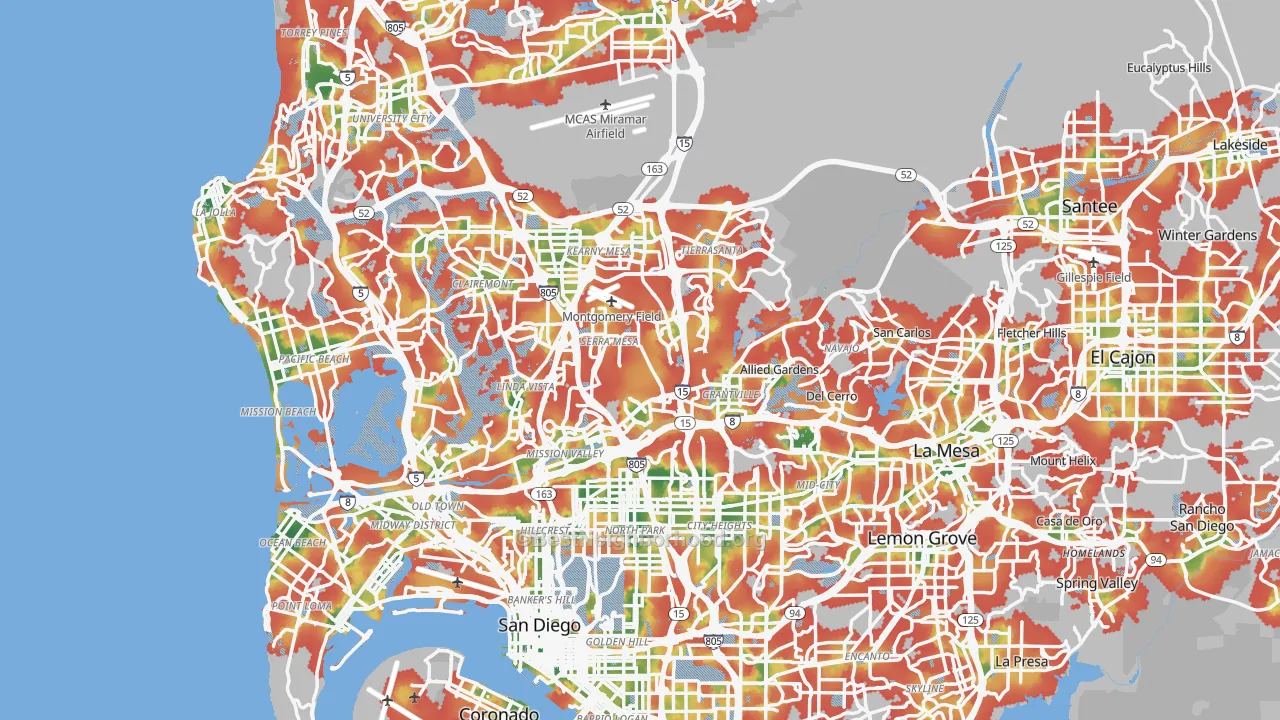 Walk Grade map of San Diego, CA, walkable areas in green and car-dependent areas in red