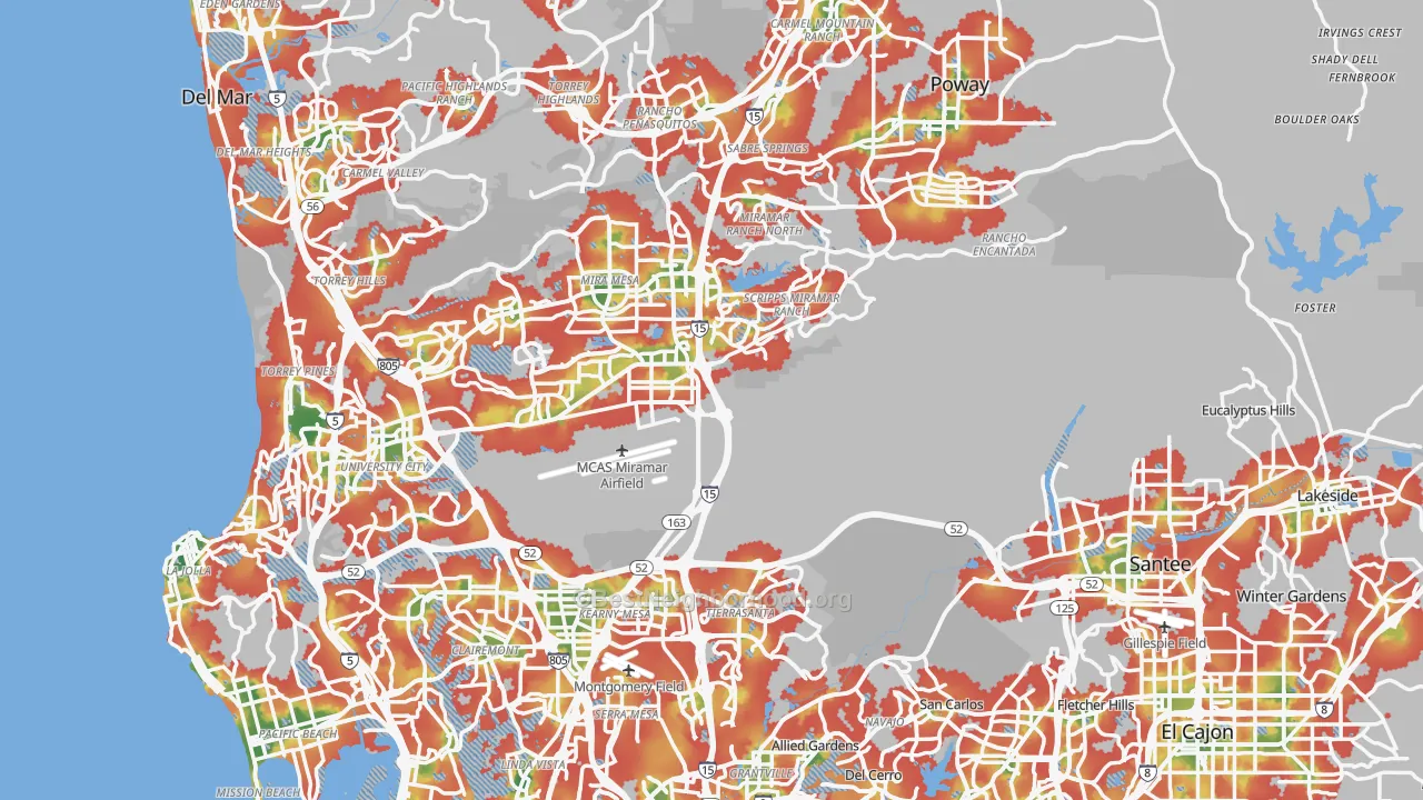 Walk Grade map of San Diego County, CA, walkable areas in green and car-dependent areas in red