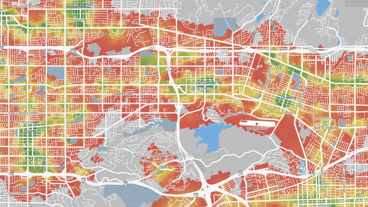 Walk Grade map of San Dimas, CA, walkable areas in green and car-dependent areas in red