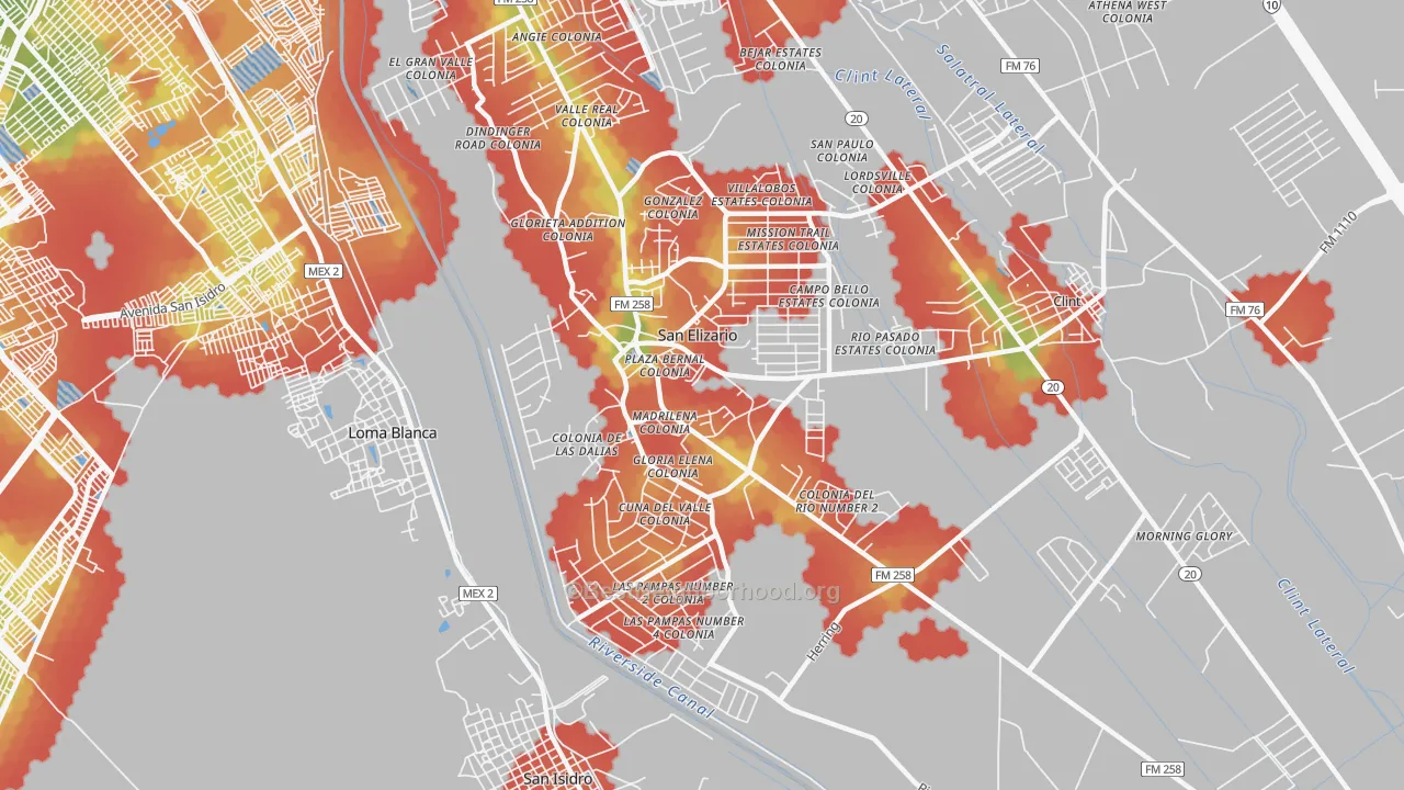 Walk Grade map of San Elizario, TX, walkable areas in green and car-dependent areas in red