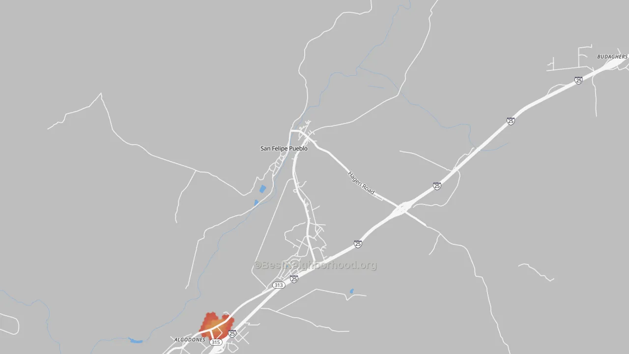 Walk Grade map of San Felipe Pueblo, NM, walkable areas in green and car-dependent areas in red