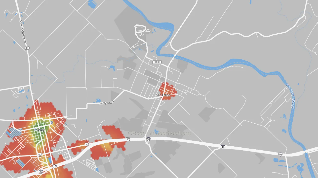 Walk Grade map of San Felipe, TX, walkable areas in green and car-dependent areas in red