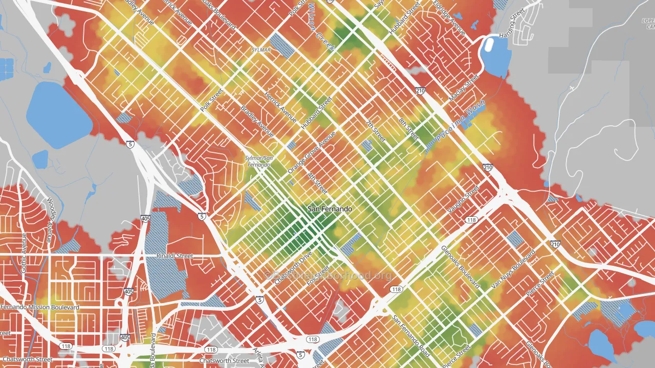 Walk Grade map of San Fernando, CA, walkable areas in green and car-dependent areas in red