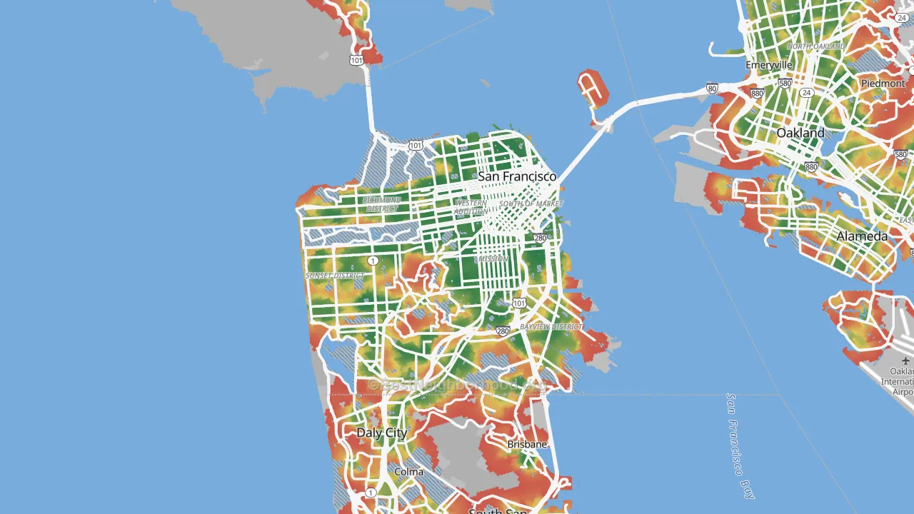 Walk Grade map of San Francisco County, CA, walkable areas in green and car-dependent areas in red
