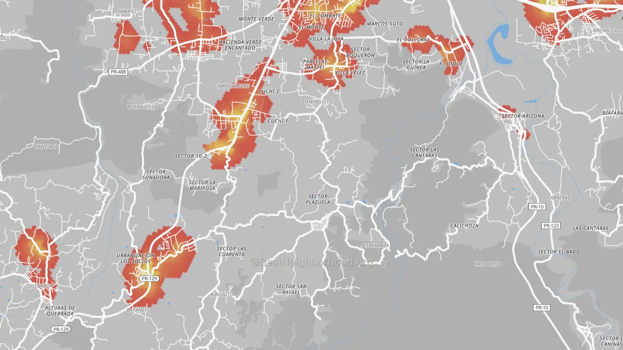 Walk Grade map of San Francisco, PR, walkable areas in green and car-dependent areas in red