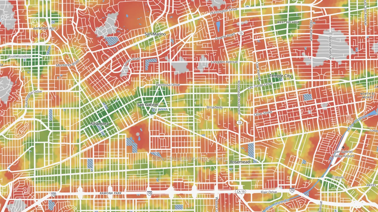 Walk Grade map of San Gabriel, CA, walkable areas in green and car-dependent areas in red
