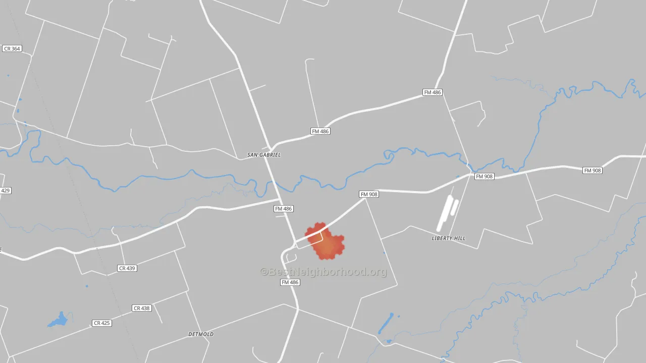 Walk Grade map of San Gabriel, TX, walkable areas in green and car-dependent areas in red