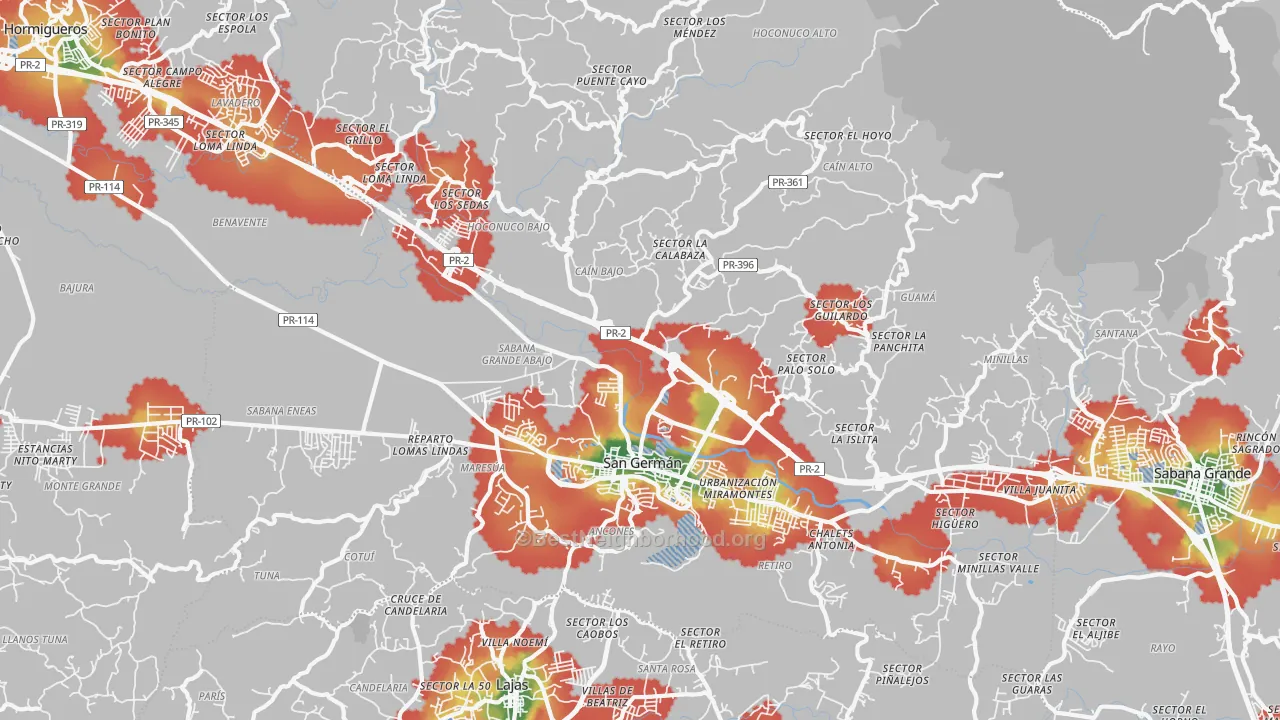 Walk Grade map of San German Municipio, PR, walkable areas in green and car-dependent areas in red