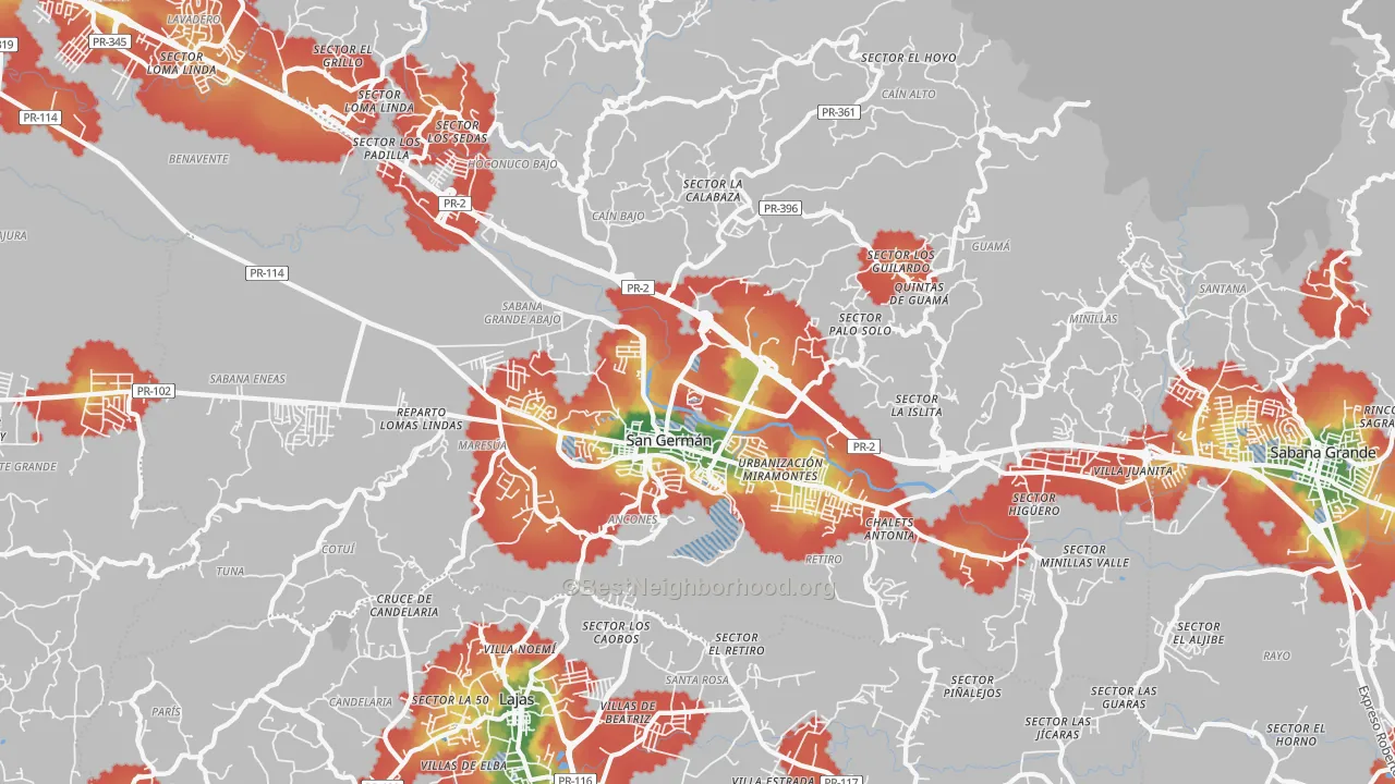 Walk Grade map of San German, PR, walkable areas in green and car-dependent areas in red