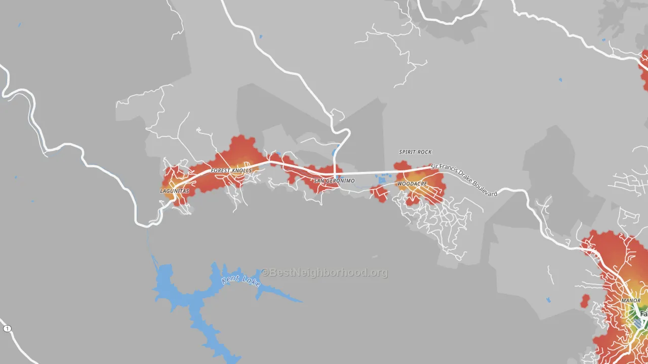 Walk Grade map of San Geronimo, CA, walkable areas in green and car-dependent areas in red