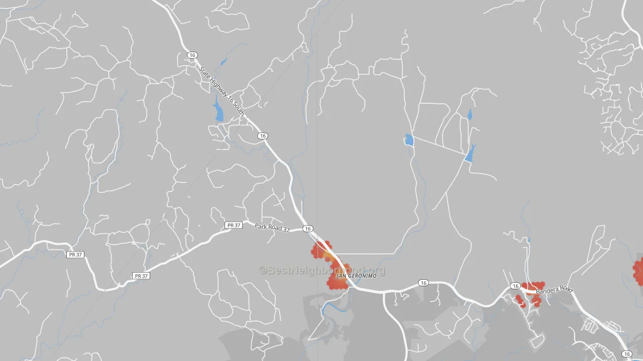 Walk Grade map of San Geronimo, TX, walkable areas in green and car-dependent areas in red