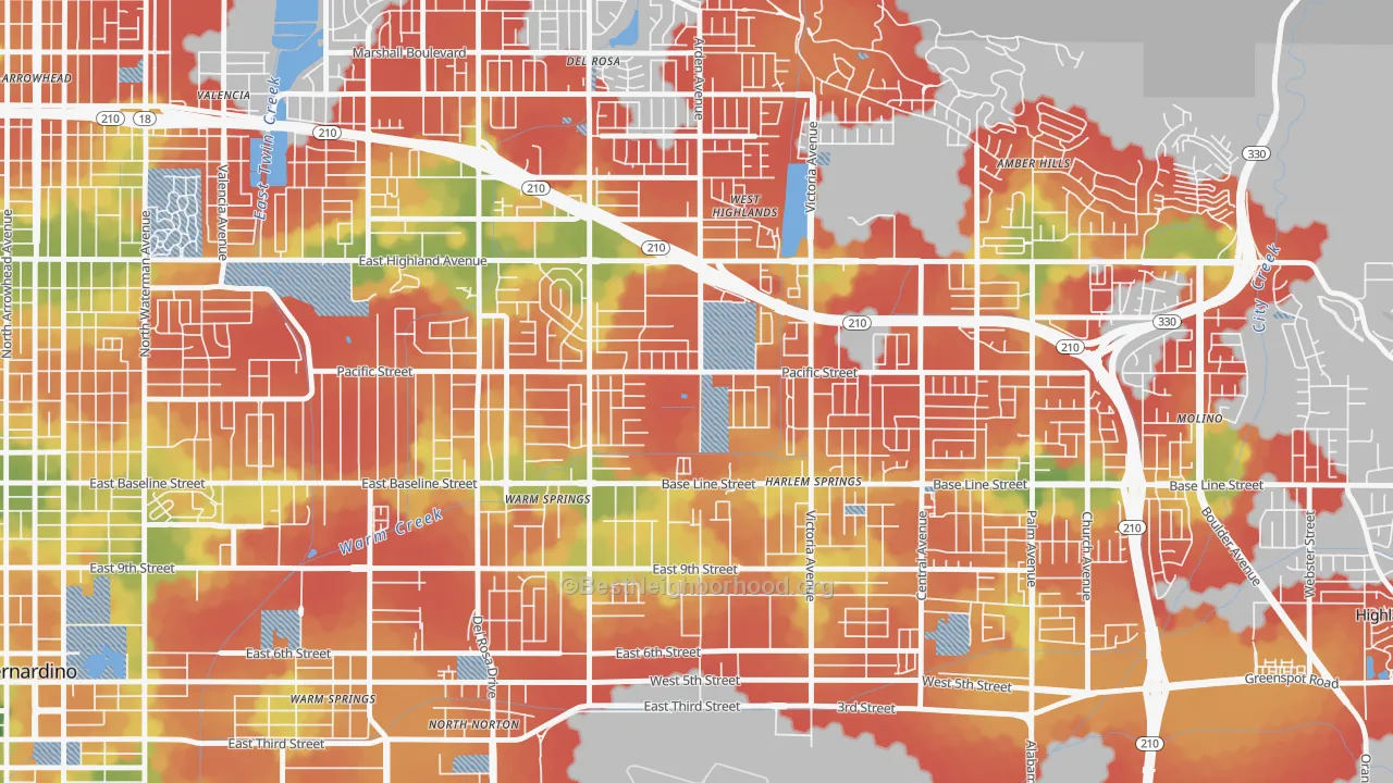 Walk Grade map of San Gorgonio, Highland, CA, walkable areas in green and car-dependent areas in red