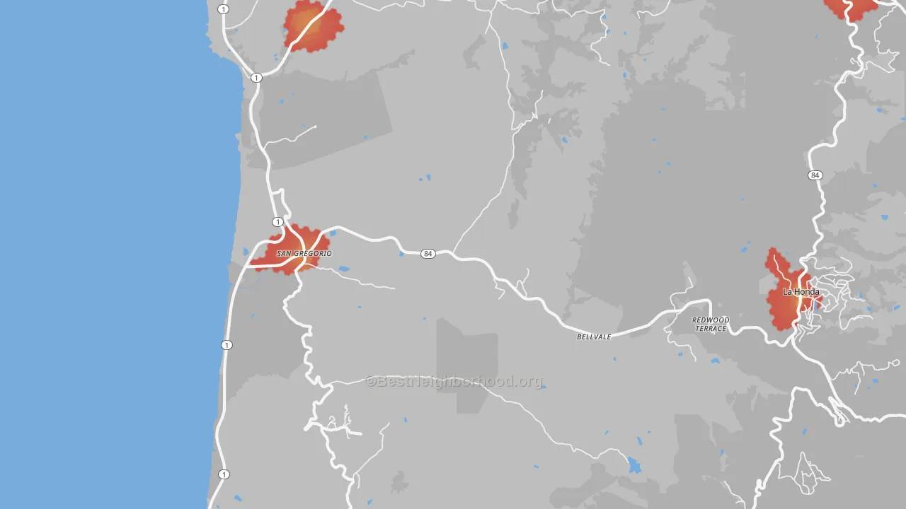 Walk Grade map of San Gregorio, CA, walkable areas in green and car-dependent areas in red