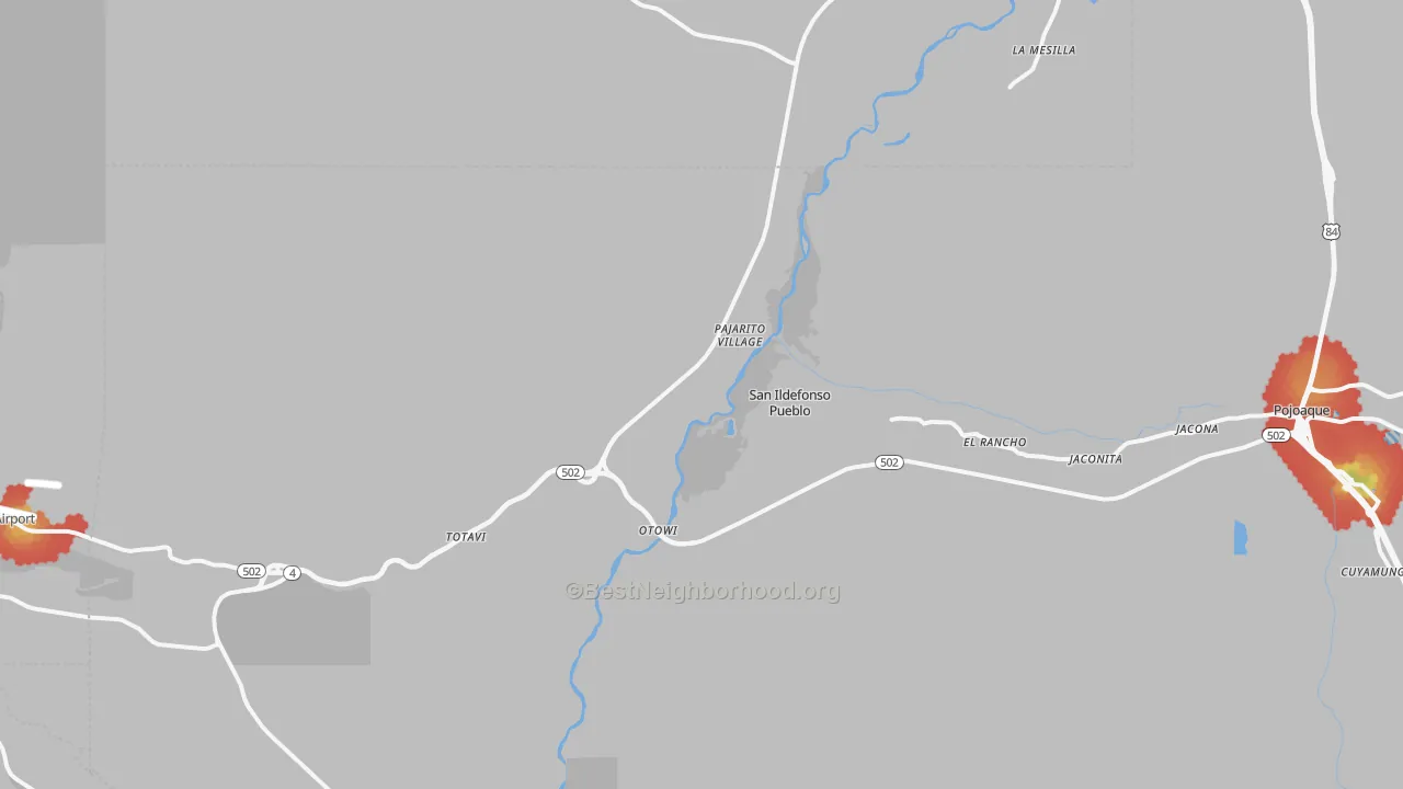 Walk Grade map of San Ildefonso Pueblo, NM, walkable areas in green and car-dependent areas in red