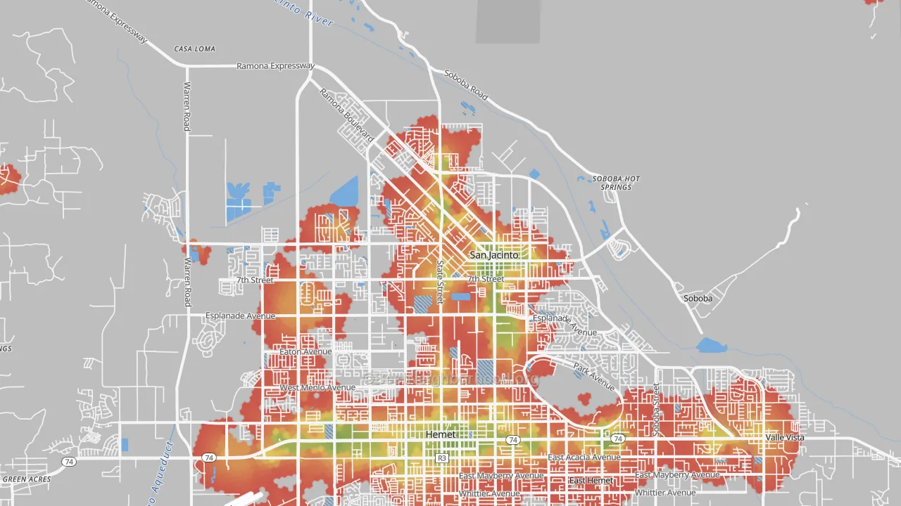 Walk Grade map of San Jacinto, CA, walkable areas in green and car-dependent areas in red