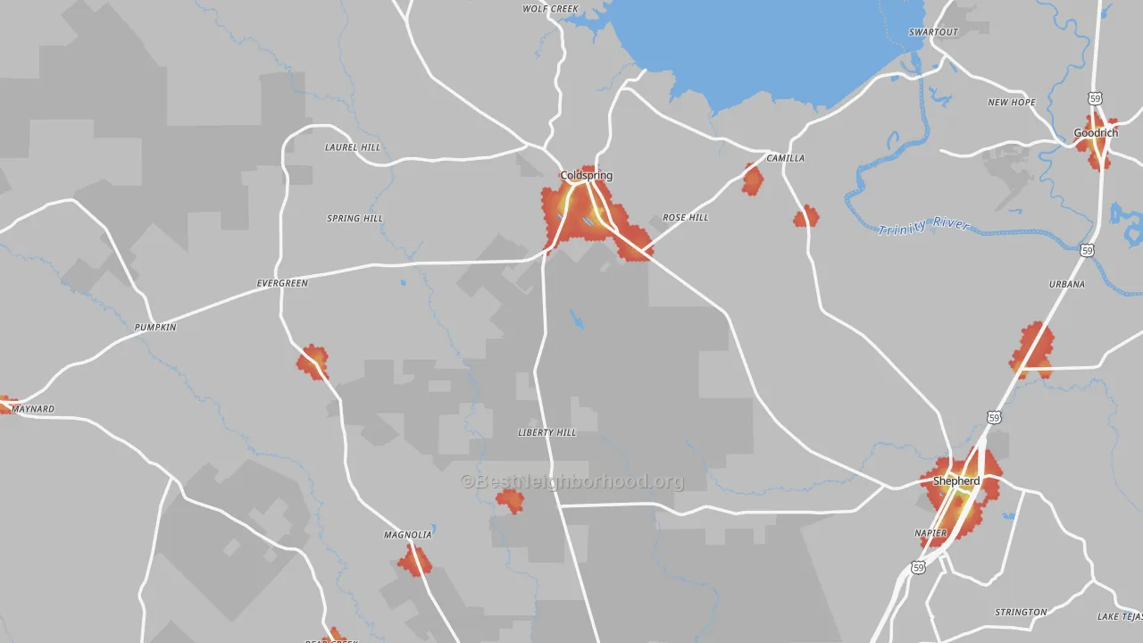 Walk Grade map of San Jacinto County, TX, walkable areas in green and car-dependent areas in red