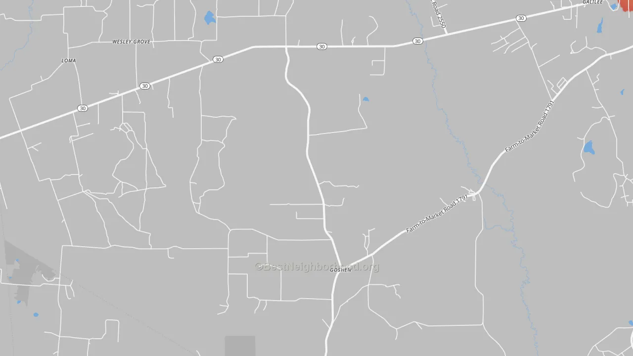 Walk Grade map of San Jacinto, TX, walkable areas in green and car-dependent areas in red