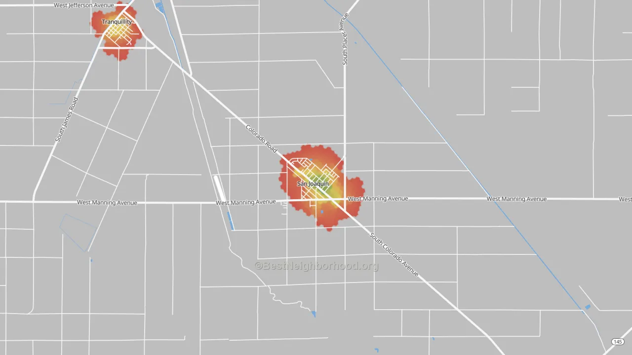 Walk Grade map of San Joaquin, CA, walkable areas in green and car-dependent areas in red
