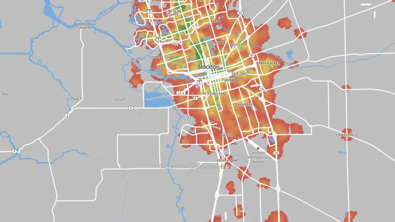 Walk Grade map of San Joaquin County, CA, walkable areas in green and car-dependent areas in red