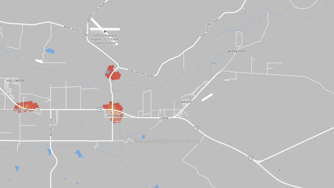 Walk Grade map of San Jose, AZ, walkable areas in green and car-dependent areas in red