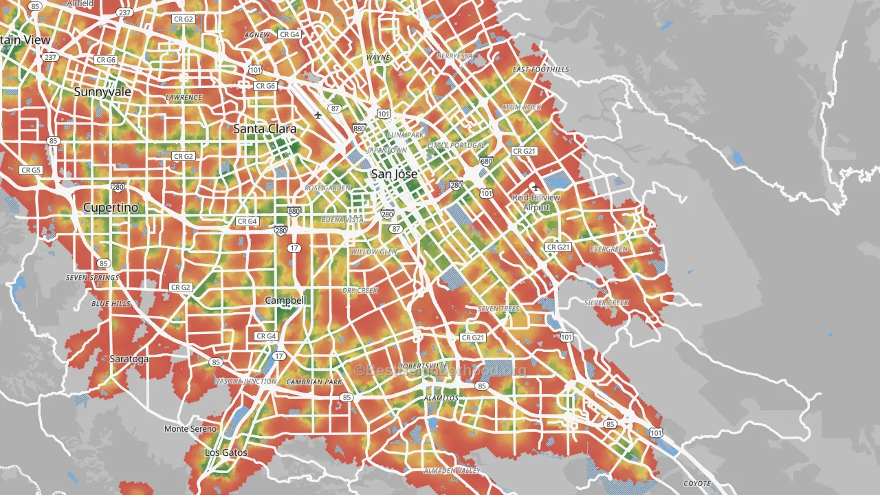 Walk Grade map of San Jose, CA, walkable areas in green and car-dependent areas in red