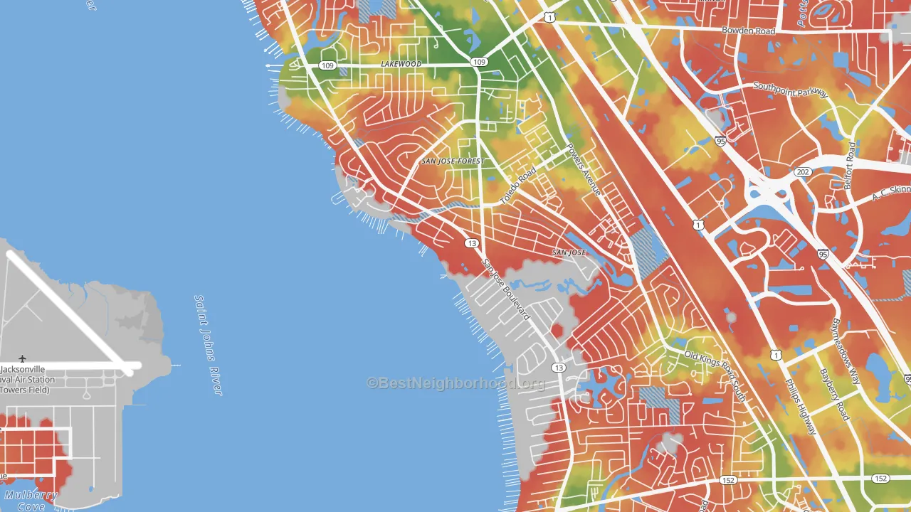 Walk Grade map of San Jose Forest, Jacksonville, FL, walkable areas in green and car-dependent areas in red