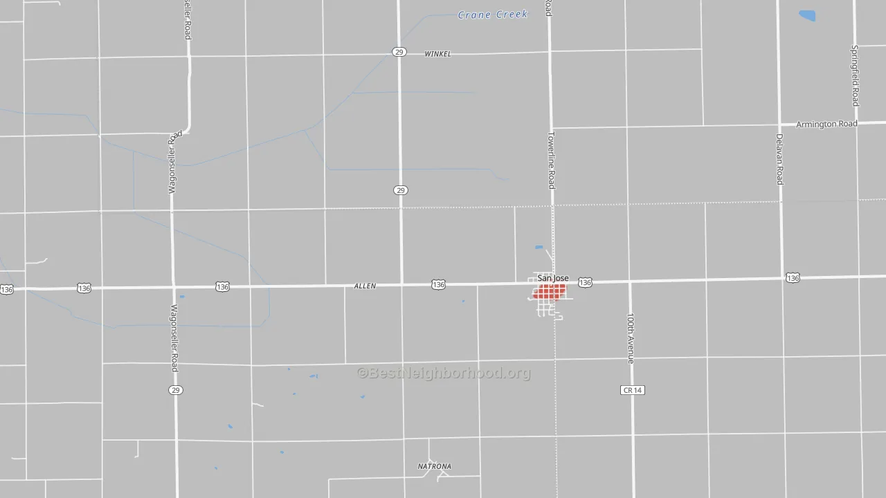Walk Grade map of San Jose, IL, walkable areas in green and car-dependent areas in red
