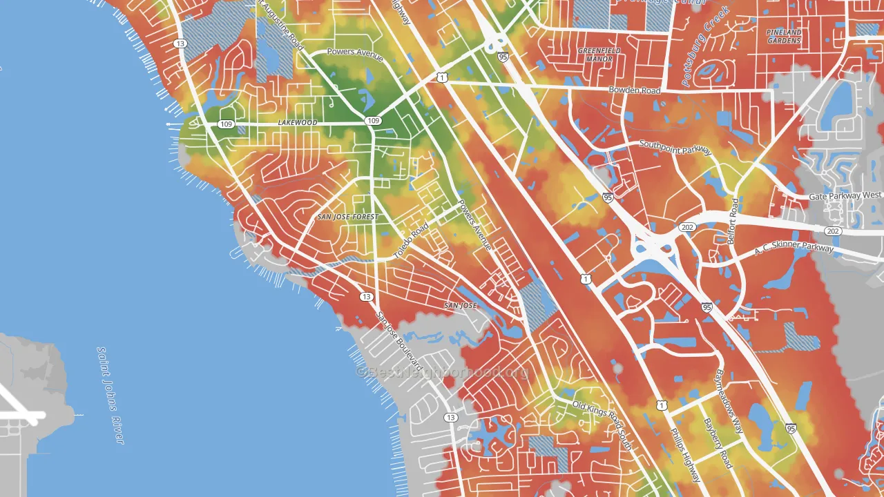 Walk Grade map of San Jose, Jacksonville, FL, walkable areas in green and car-dependent areas in red