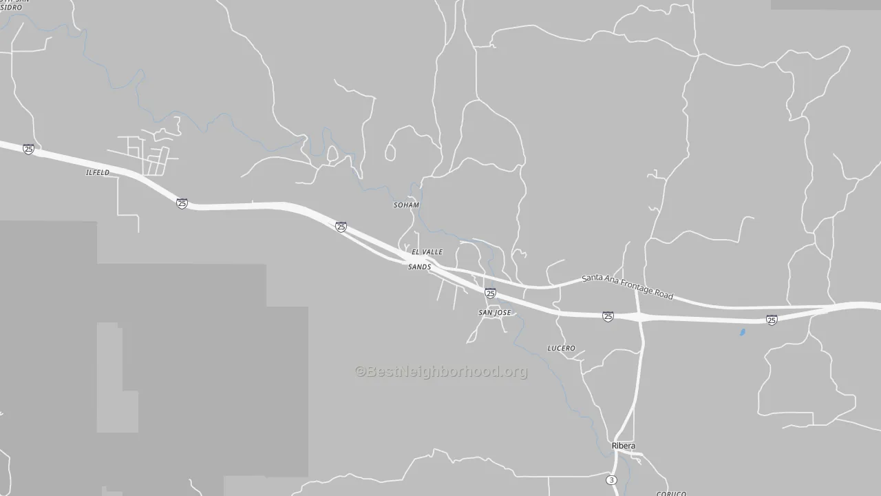 Walk Grade map of San Jose, NM, walkable areas in green and car-dependent areas in red