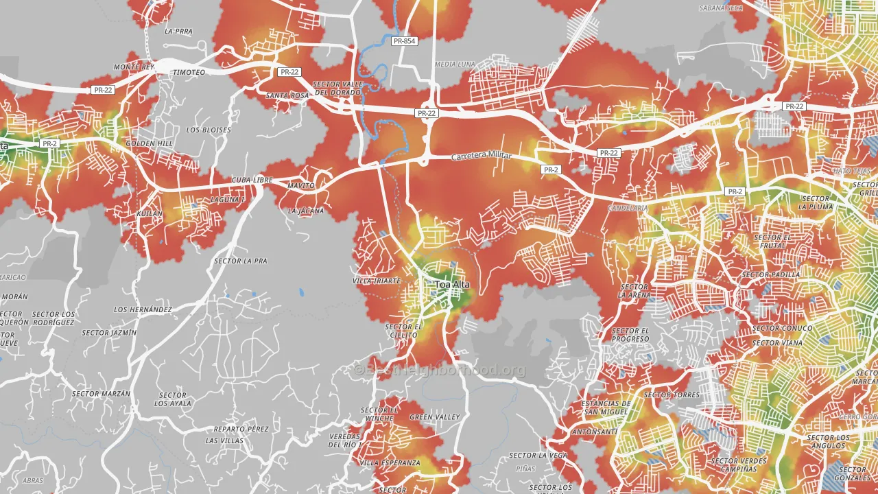 Walk Grade map of San Jose, PR, walkable areas in green and car-dependent areas in red