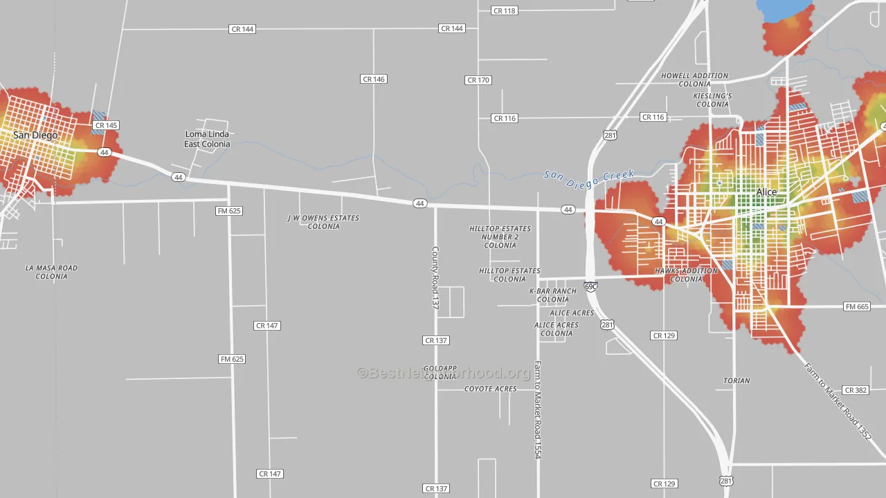 Walk Grade map of San Jose, TX, walkable areas in green and car-dependent areas in red
