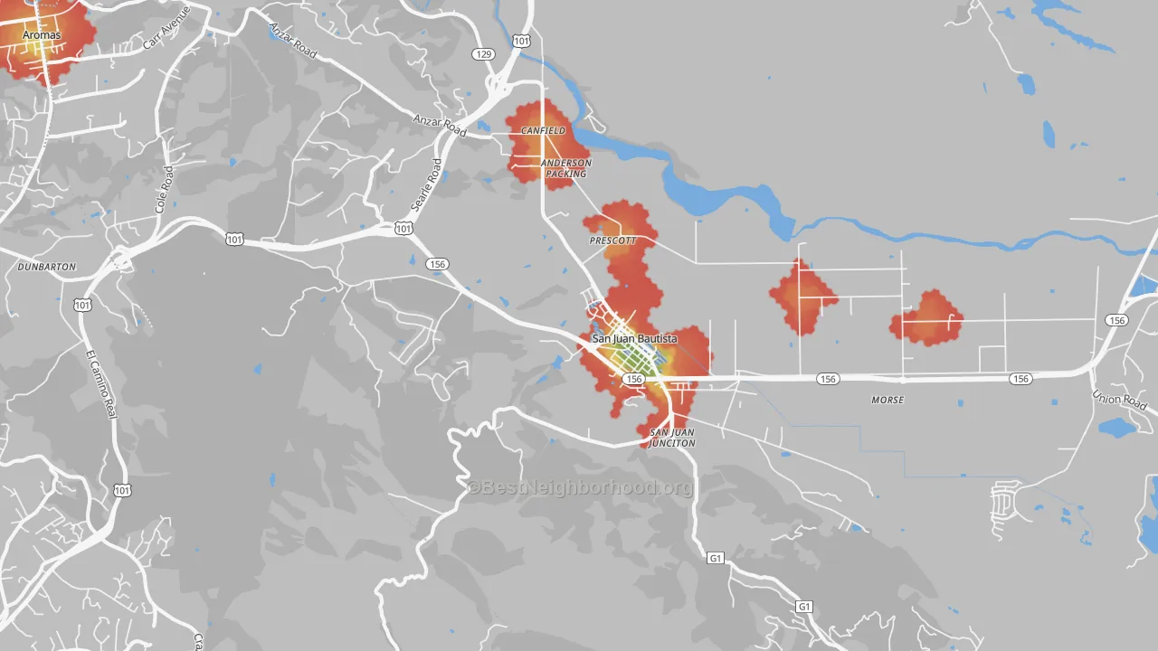 Walk Grade map of San Juan Bautista, CA, walkable areas in green and car-dependent areas in red