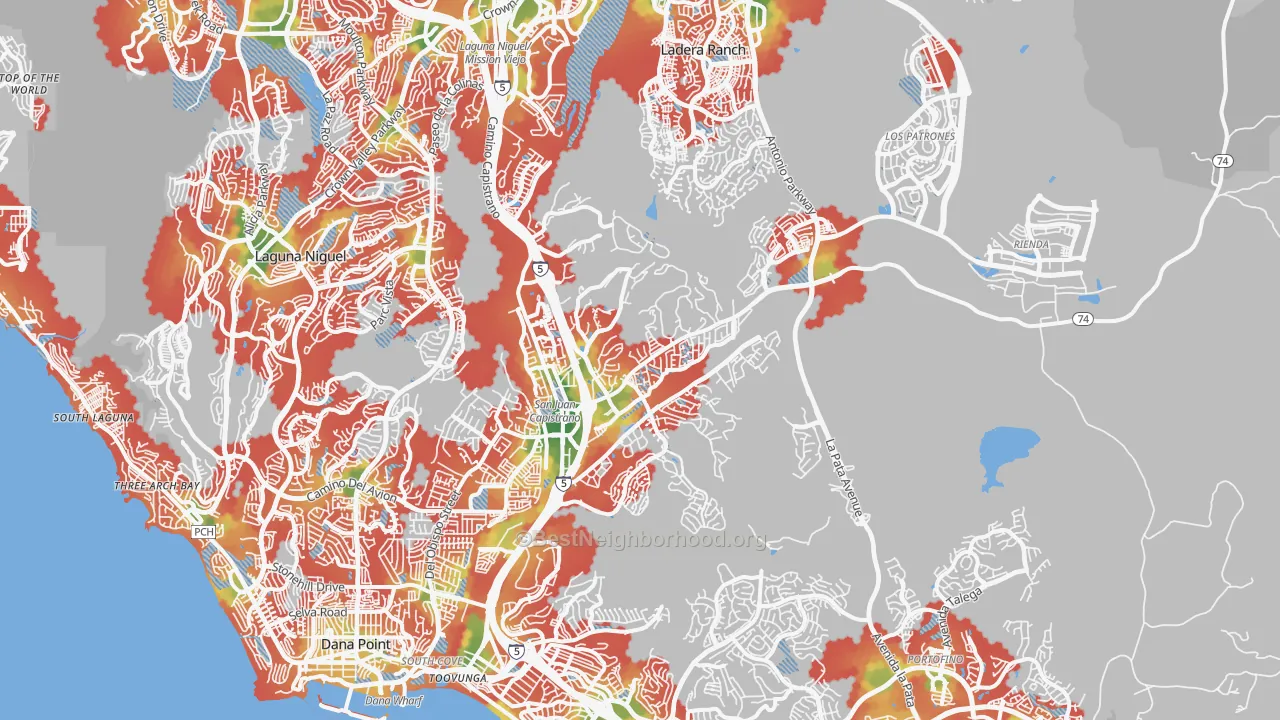 Walk Grade map of San Juan Capistrano, CA, walkable areas in green and car-dependent areas in red