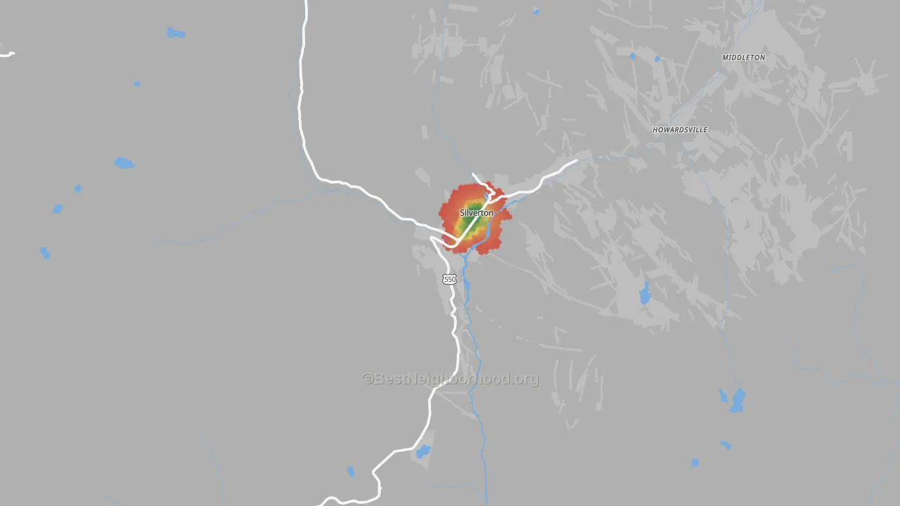 Walk Grade map of San Juan County, CO, walkable areas in green and car-dependent areas in red