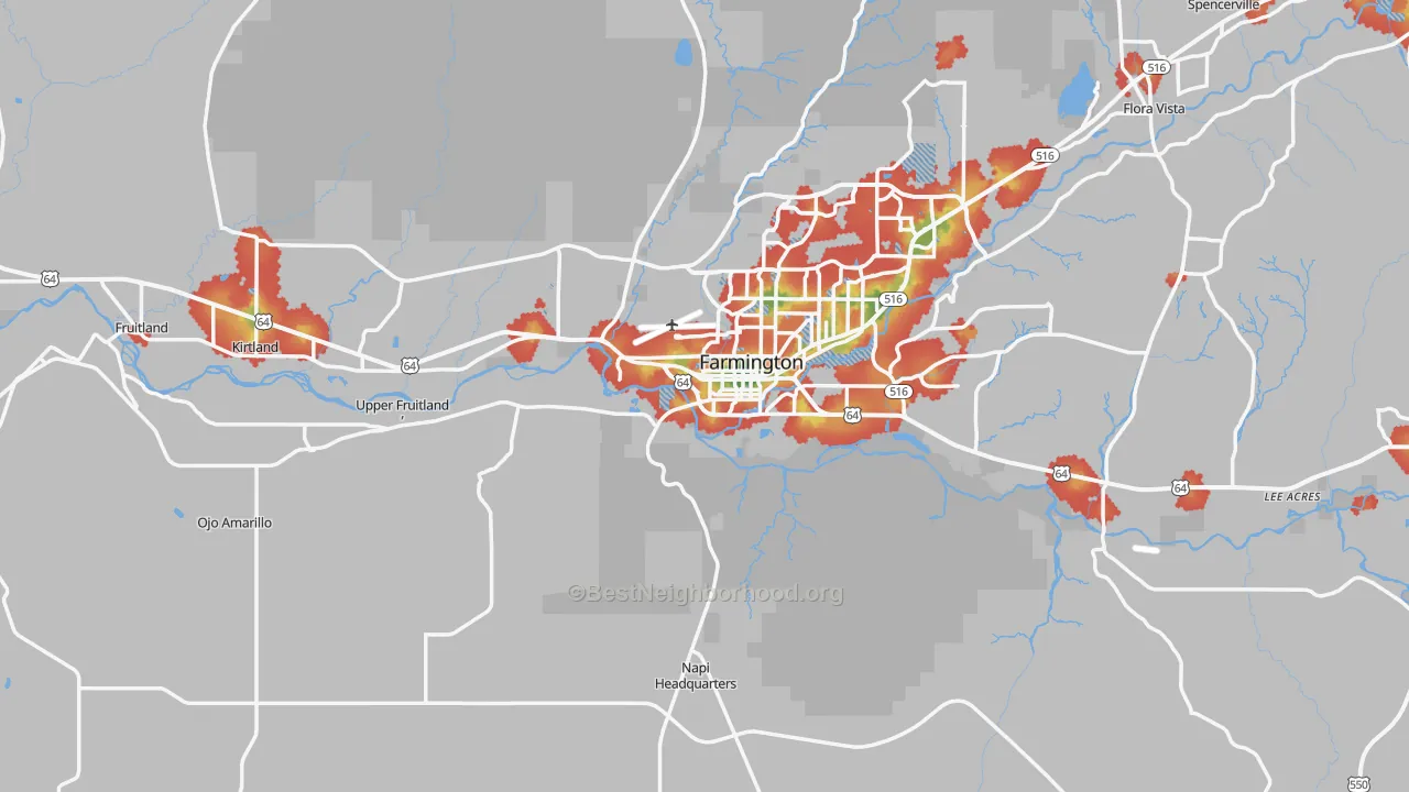Walk Grade map of San Juan County, NM, walkable areas in green and car-dependent areas in red