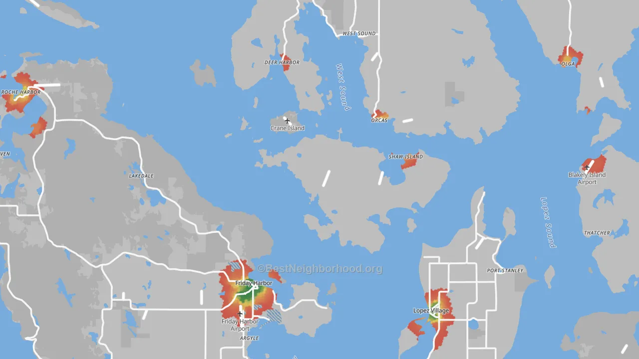 Walk Grade map of San Juan County, WA, walkable areas in green and car-dependent areas in red