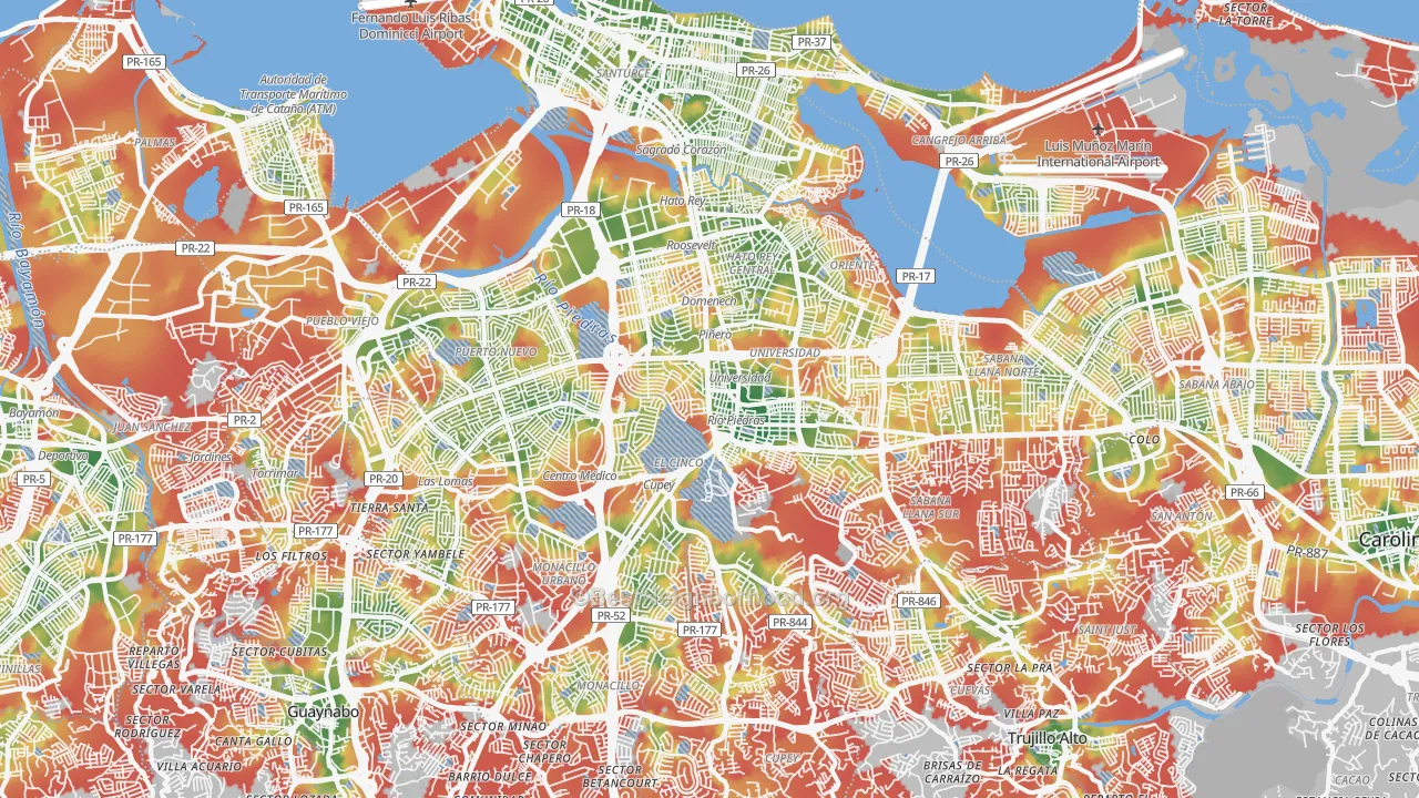 Walk Grade map of San Juan Municipio, PR, walkable areas in green and car-dependent areas in red