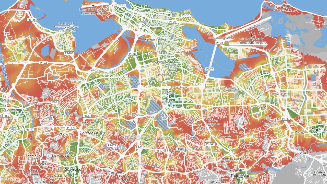 Walk Grade map of San Juan, PR, walkable areas in green and car-dependent areas in red