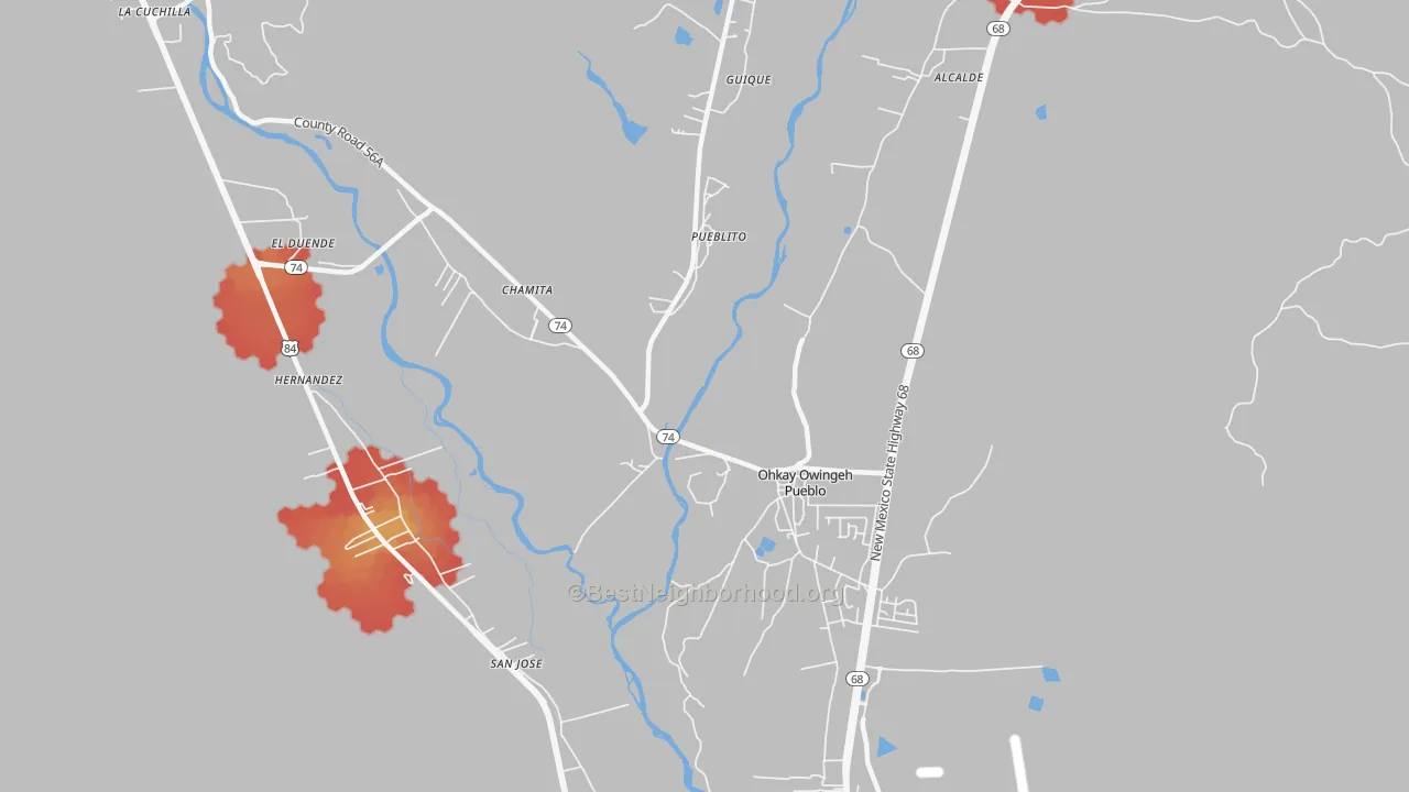 Walk Grade map of San Juan Pueblo, NM, walkable areas in green and car-dependent areas in red