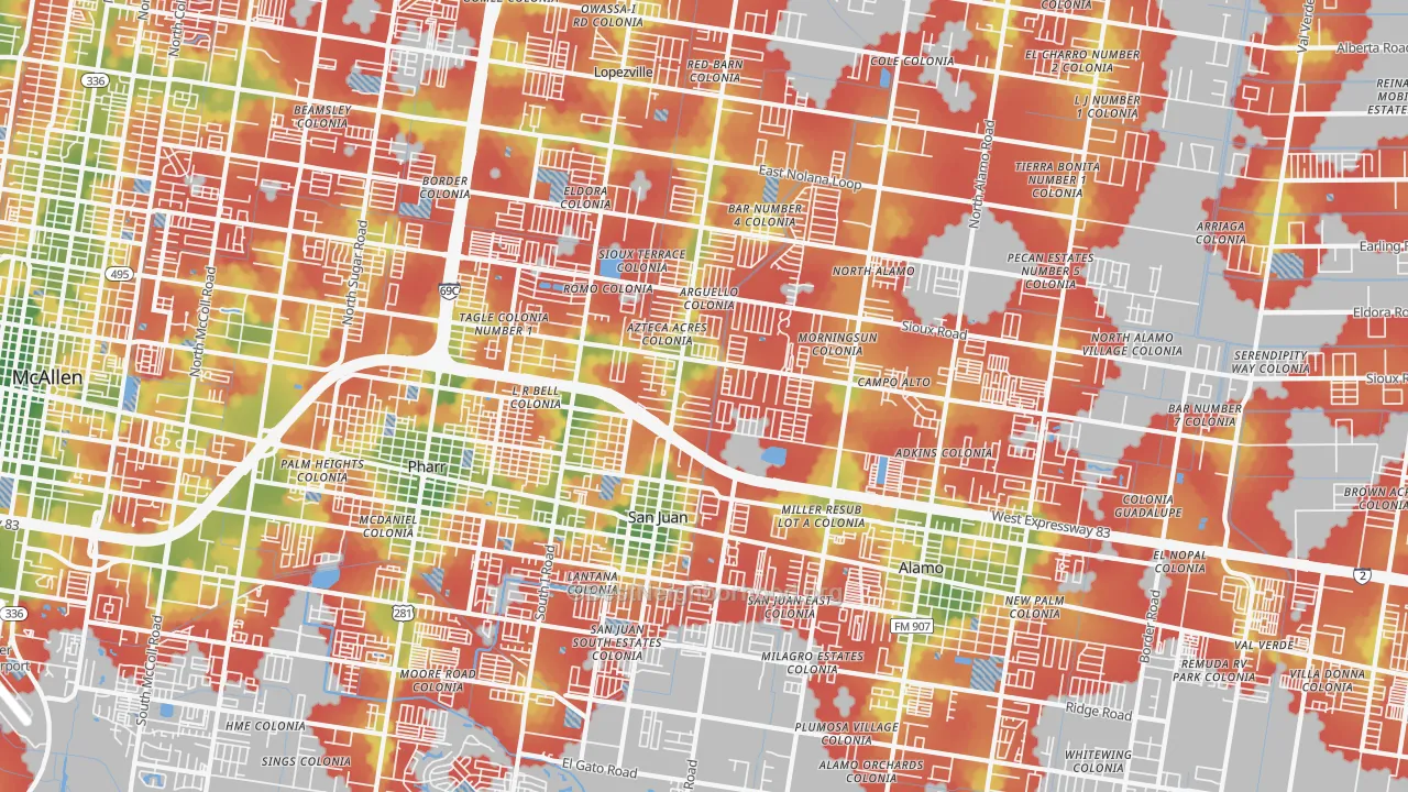 Walk Grade map of San Juan, TX, walkable areas in green and car-dependent areas in red
