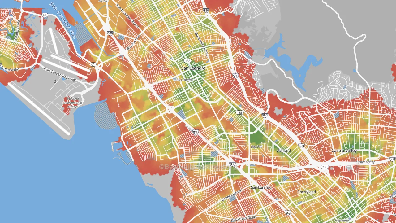 Walk Grade map of San Leandro, CA, walkable areas in green and car-dependent areas in red