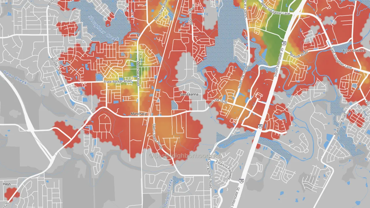 Walk Grade map of San Leanna, TX, walkable areas in green and car-dependent areas in red