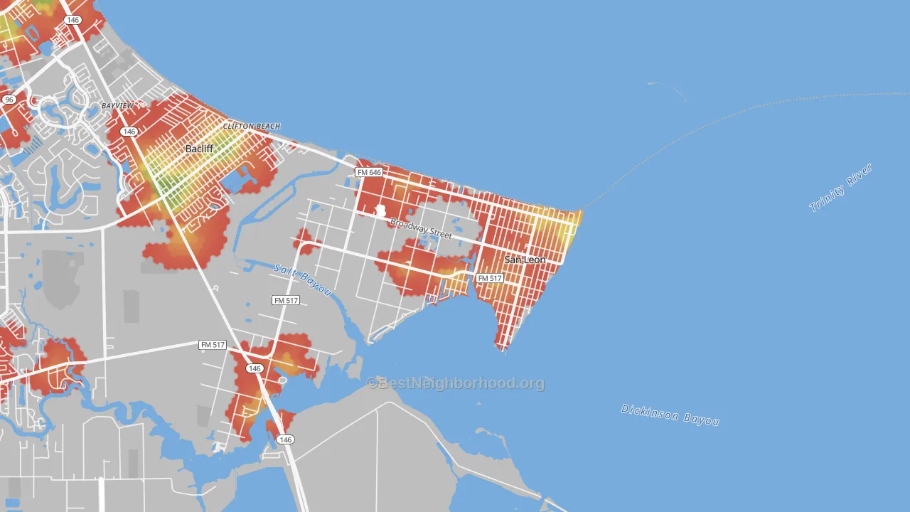 Walk Grade map of San Leon, TX, walkable areas in green and car-dependent areas in red
