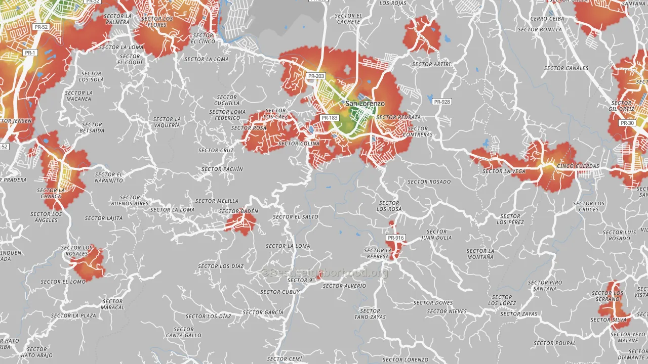 Walk Grade map of San Lorenzo Municipio, PR, walkable areas in green and car-dependent areas in red