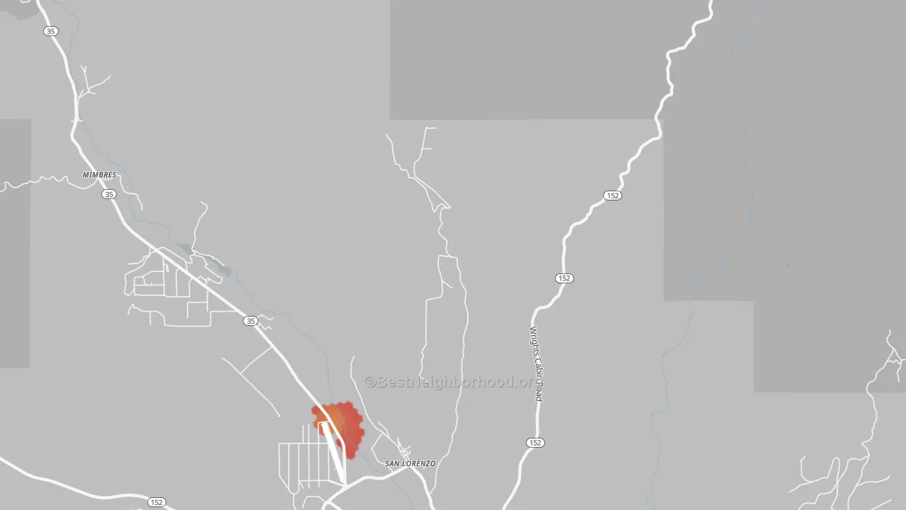 Walk Grade map of San Lorenzo, NM, walkable areas in green and car-dependent areas in red